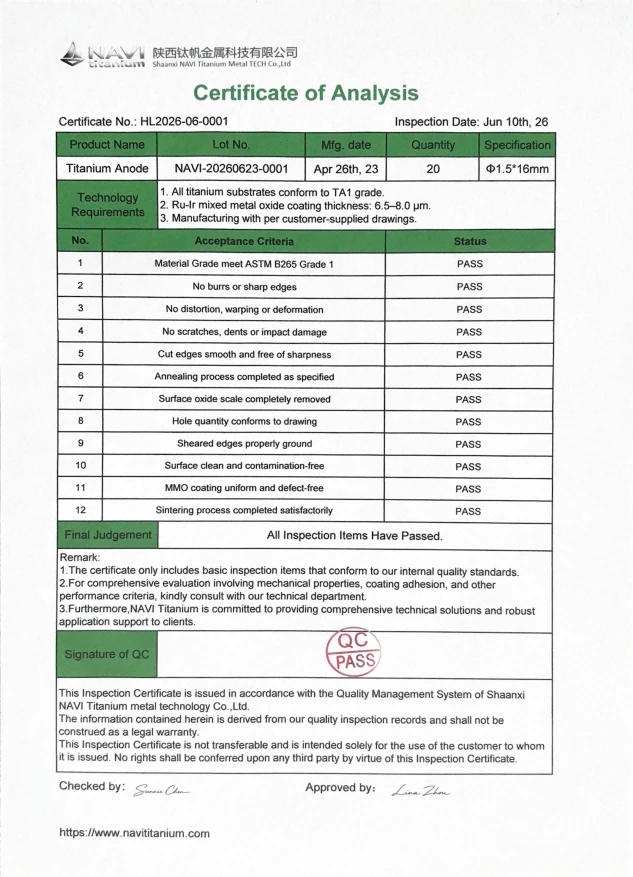 titanium anode COA | NAVI Titanium titanium anode COA | NAVI Titanium